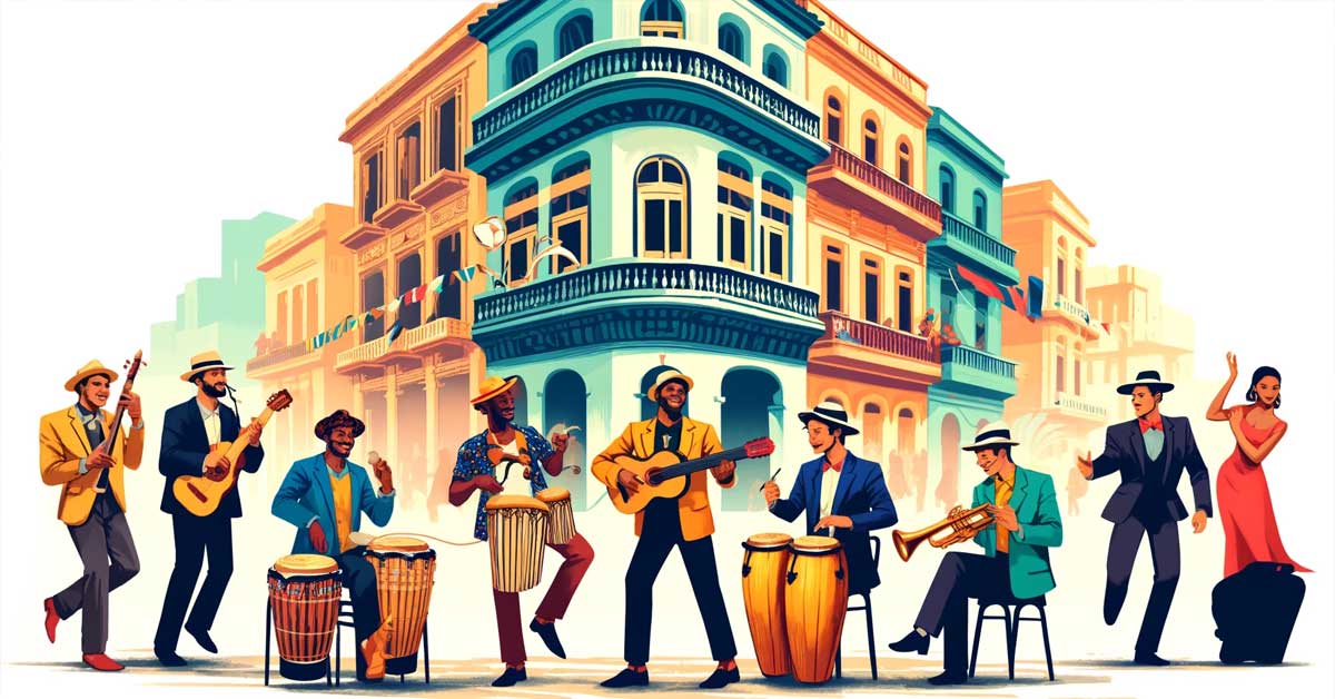 Article Musique Cubaine du Cubana Café à Paris L'image illustre une scène de rue animée à Cuba, mettant en avant le riche héritage musical cubain. Plusieurs musiciens cubains, vêtus de tenues traditionnelles colorées, jouent des instruments typiques comme la conga, la guitare tres et la trompette. Ils sont engagés dans une performance joyeuse. L'arrière-plan dépeint l'architecture emblématique de La Havane avec des bâtiments aux couleurs pastel et une rue animée, capturant l'essence et la vitalité de la musique cubaine.