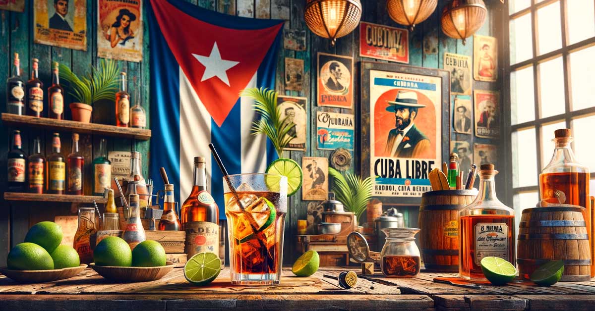 Illustration pour l'article du Cubana Café à Paris pour le Cocktail Cuba Libre L'image montre un bar cubain traditionnel animé, avec un verre de Cuba Libre en premier plan sur le comptoir. Le cocktail est servi dans un verre highball, garni d'une tranche de lime. Autour du verre, des éléments décoratifs évoquent le début du 20ème siècle à Cuba, incluant des affiches vintage cubaines et un drapeau cubain, créant une ambiance historique et culturelle. Le décor du bar est rustique avec des meubles en bois, soulignant l'authenticité cubaine.