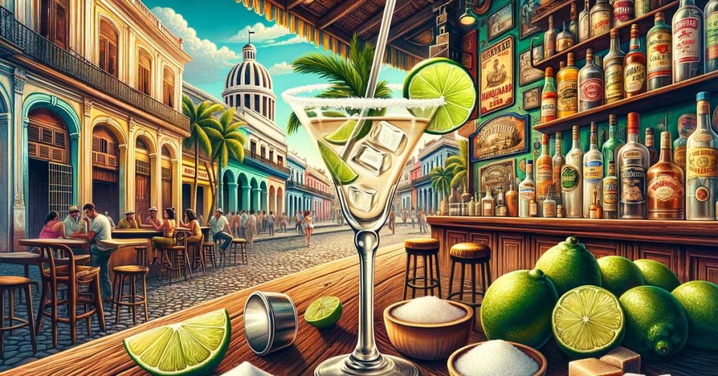 Cubana Café- Bar à cocktails à Paris illustration pour Le cocktail Daiquiri : Au premier plan, on y voit un Daiquiri fraîchement préparé dans un verre classique, garni d'une tranche de lime. Autour du verre, des ingrédients comme des demi-limes ajoutent à l'ambiance. Le décor arrière-plan offre un aperçu des rues colorées de La Havane, renforçant le caractère typiquement cubain de l'image. L'ensemble crée une atmosphère vibrante et attrayante qui évoque l'essence et l'histoire du Daiquiri.