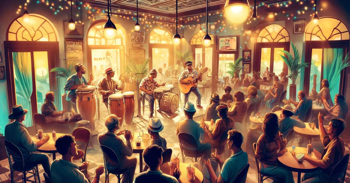 L'image illustre un concert de musique latine au Cubana Café à Paris, capturant une scène énergique à l'intérieur du café. On y voit un groupe de musiciens jouant divers instruments latins comme les congas, les timbales et une guitare, tous activement engagés dans une performance dynamique. Le public, diversifié et enthousiaste, apprécie la musique, certains dansent tandis que d'autres applaudissent. L'intérieur du café reflète un décor inspiré de Cuba, chaleureux et festif, avec un éclairage doux et des décorations colorées. Cette illustration traduit visuellement l'esprit d'un concert musique latine au Cubana Café.