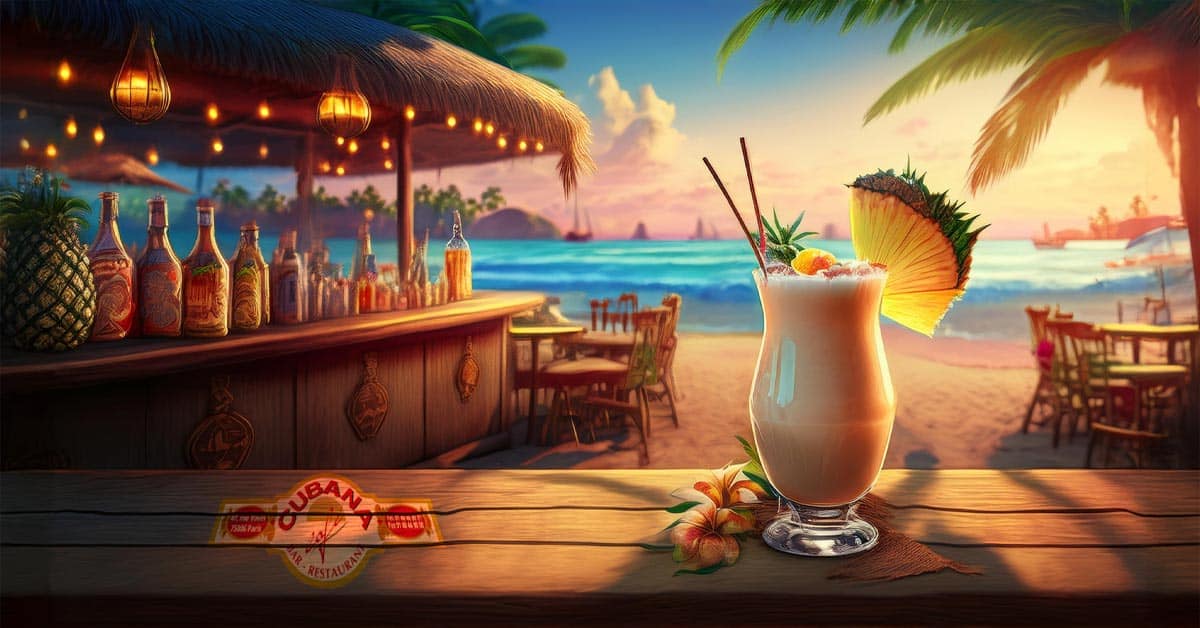 Illustration d'un verre de Piña Colada sur une table d'un bar de plage à Cuba. Cubana Café Paris 6e