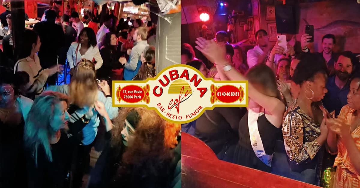 2 photos du Cubana Café, bar dansant à Paris. Des gens dansent devant le bar.