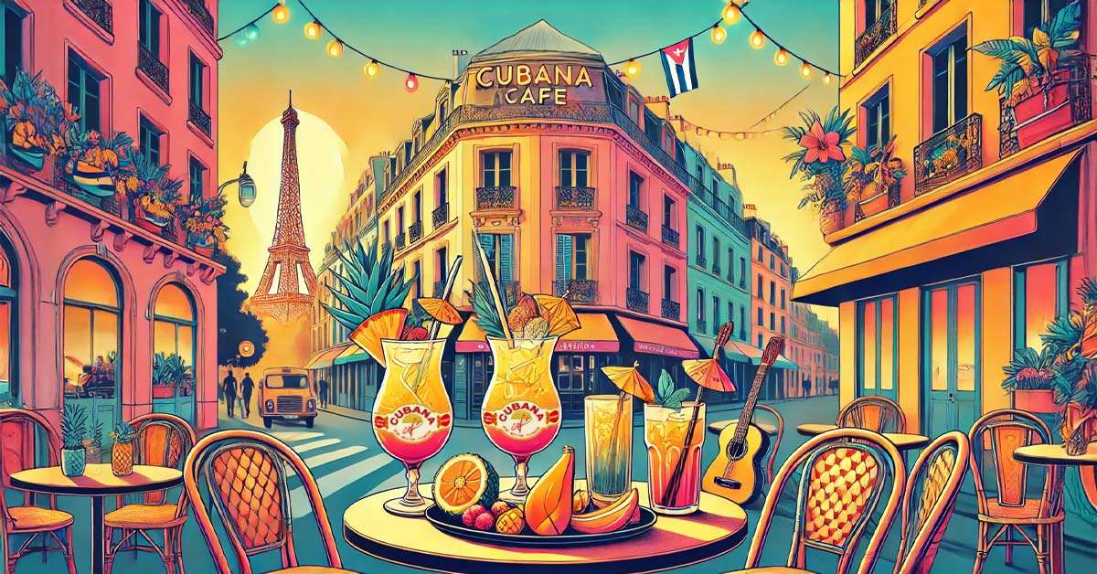 Affiche pour le dry January 2025 au Cubana Café (une illustration colorée cubaine de Paris)