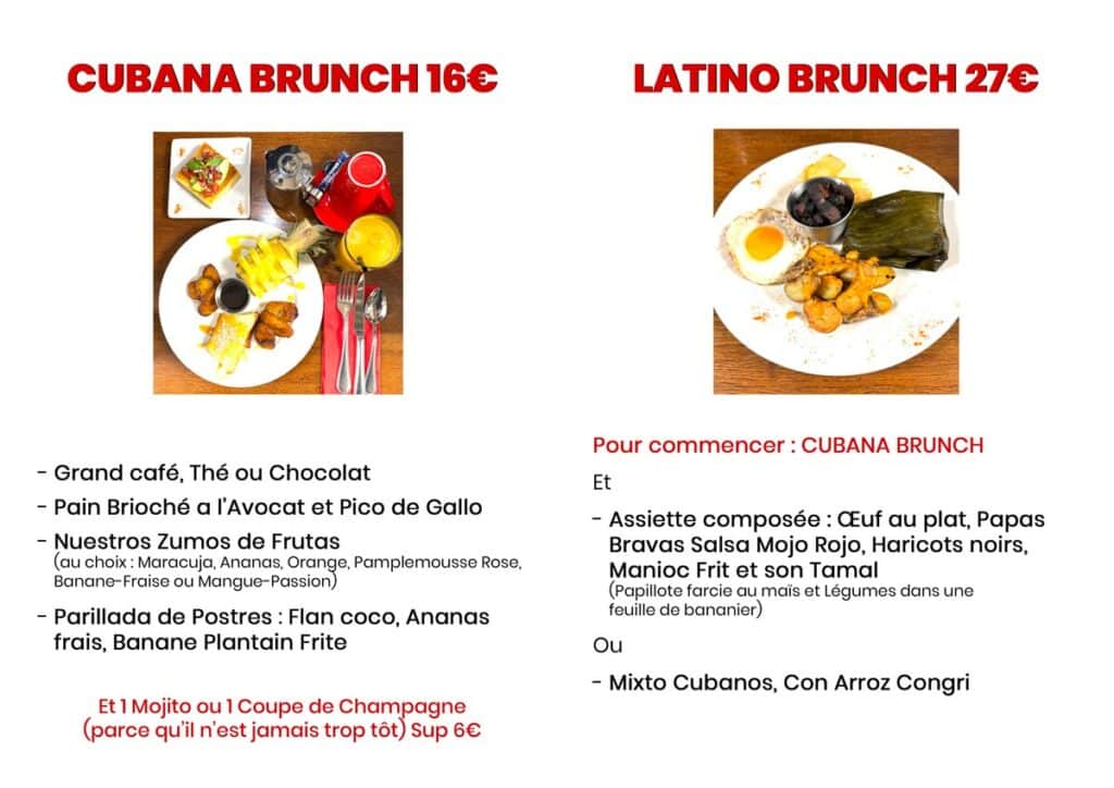 Menu du brunch du dimanche au Cubana Café, bar restaurant à Montparnasse