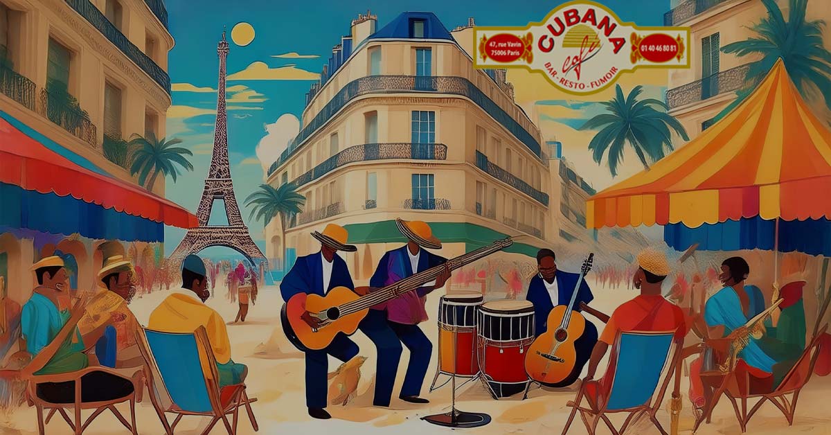 Peinture de musiciens jouant de la musique latine à Paris. Cubana Café